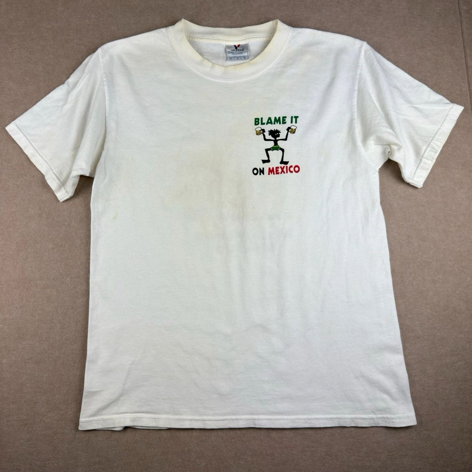 Yazbek T-Shirt Men’s M White Blame It On Mexico Three Amigos Beer Promo Tee