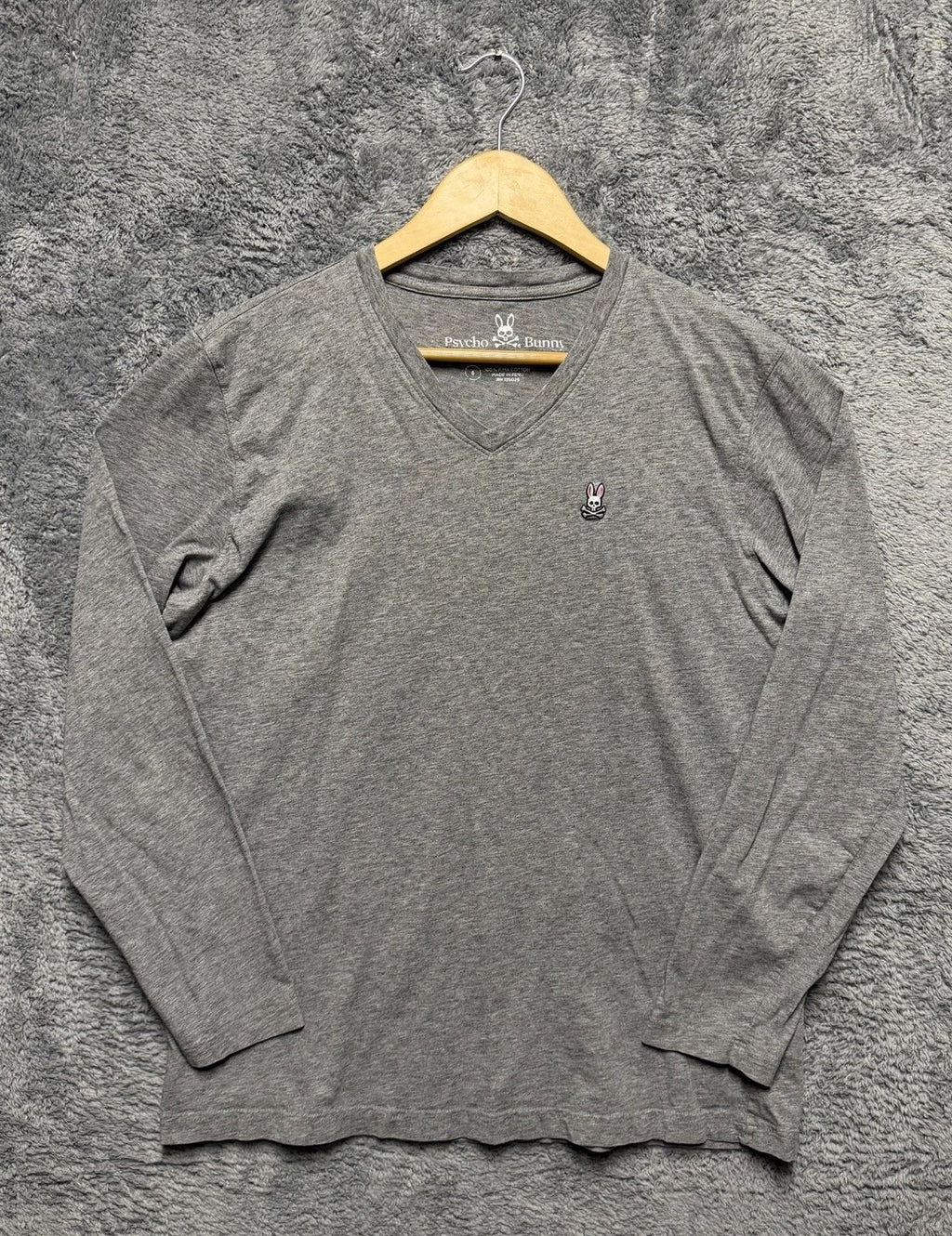 Psycho Bunny T-Shirt Mens 6 L Gray 100% Pima Cotton Long Sleeve V-Neck