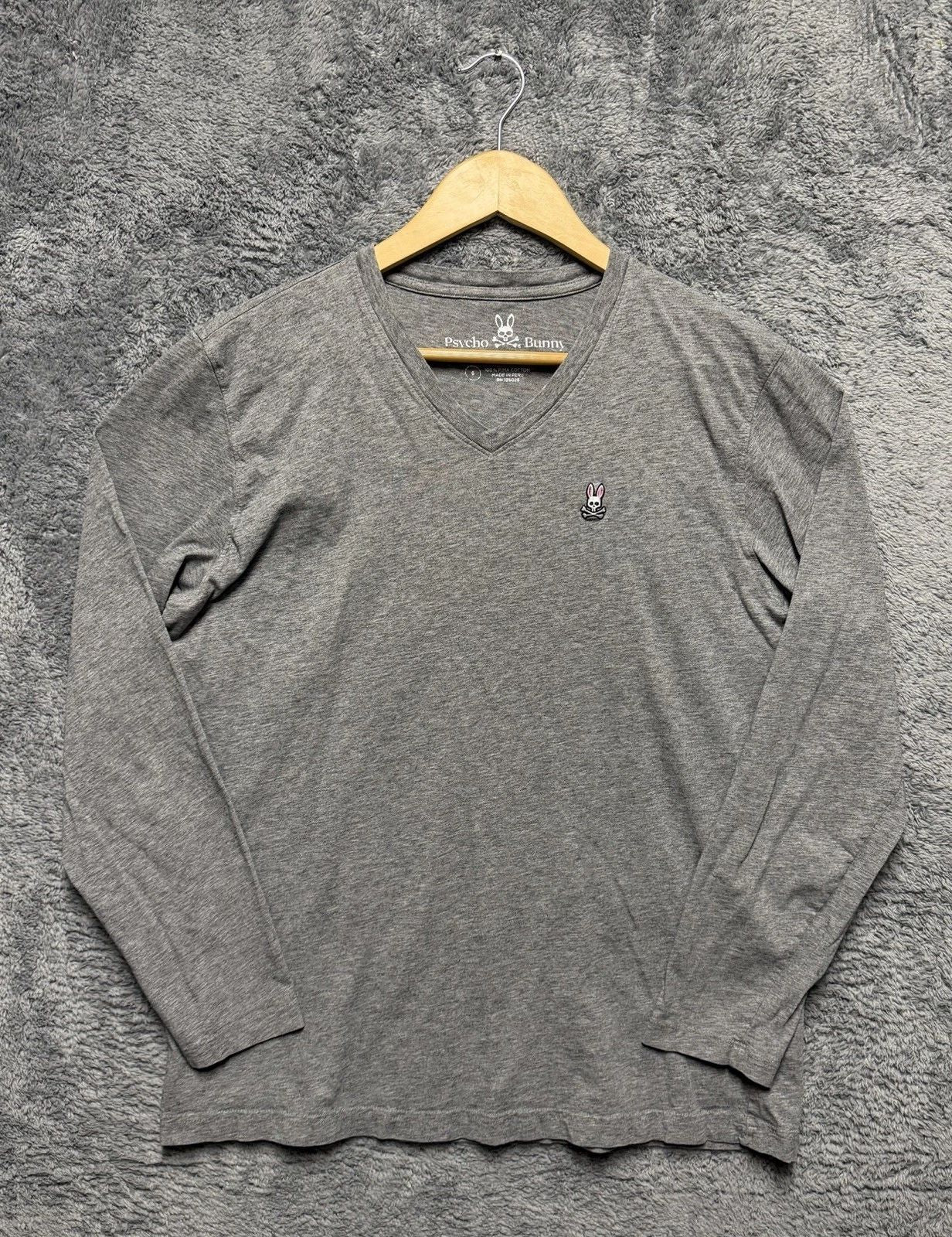 Psycho Bunny T-Shirt Mens 6 L Gray 100% Pima Cotton Long Sleeve V-Neck