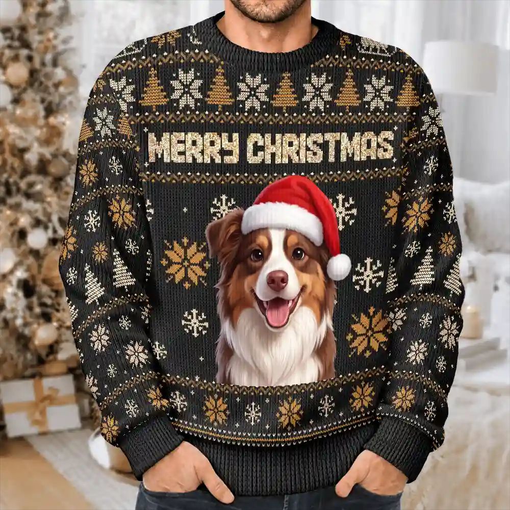 Custom Photo 3D Christmas Themed Pet Feliz Navidog Snowflake Pattern - Personalized Unisex Ugly Sweater
