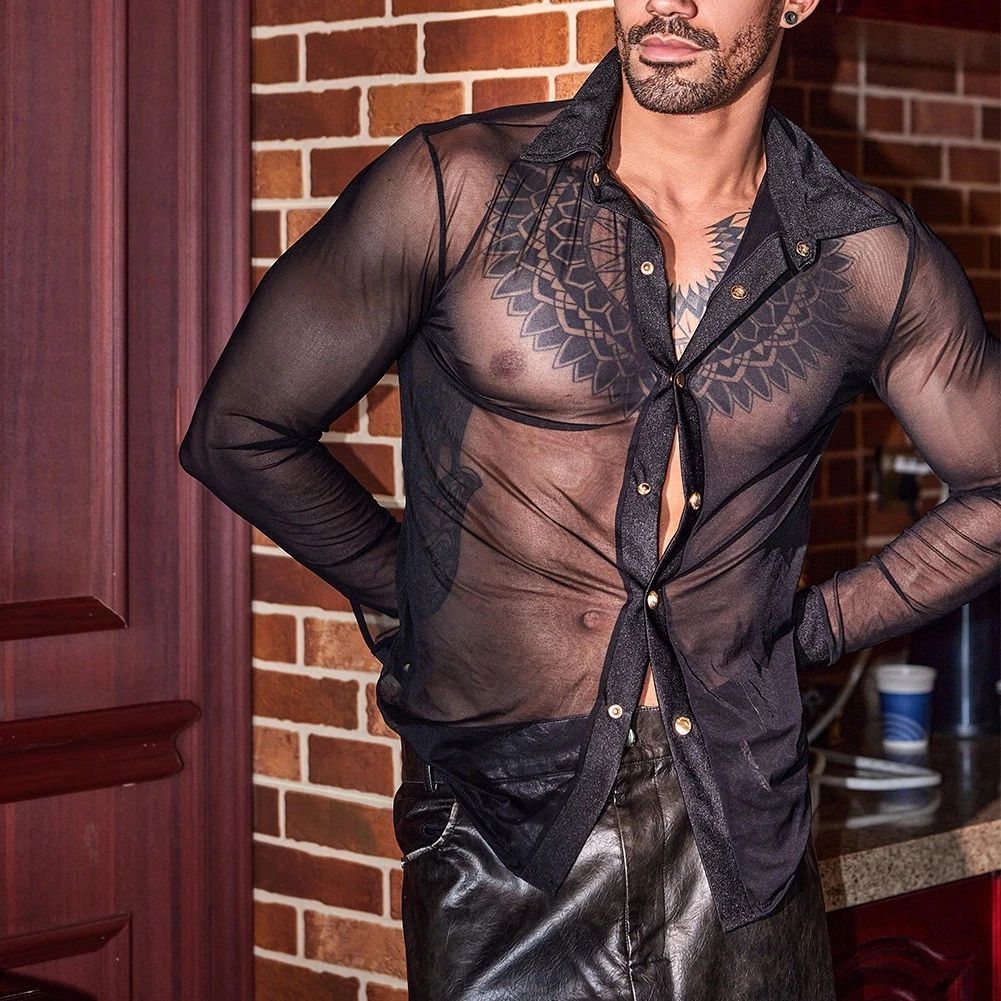 Daring and Fashionable Men's Long Sleeve Mesh Top Perfect for Evening Events