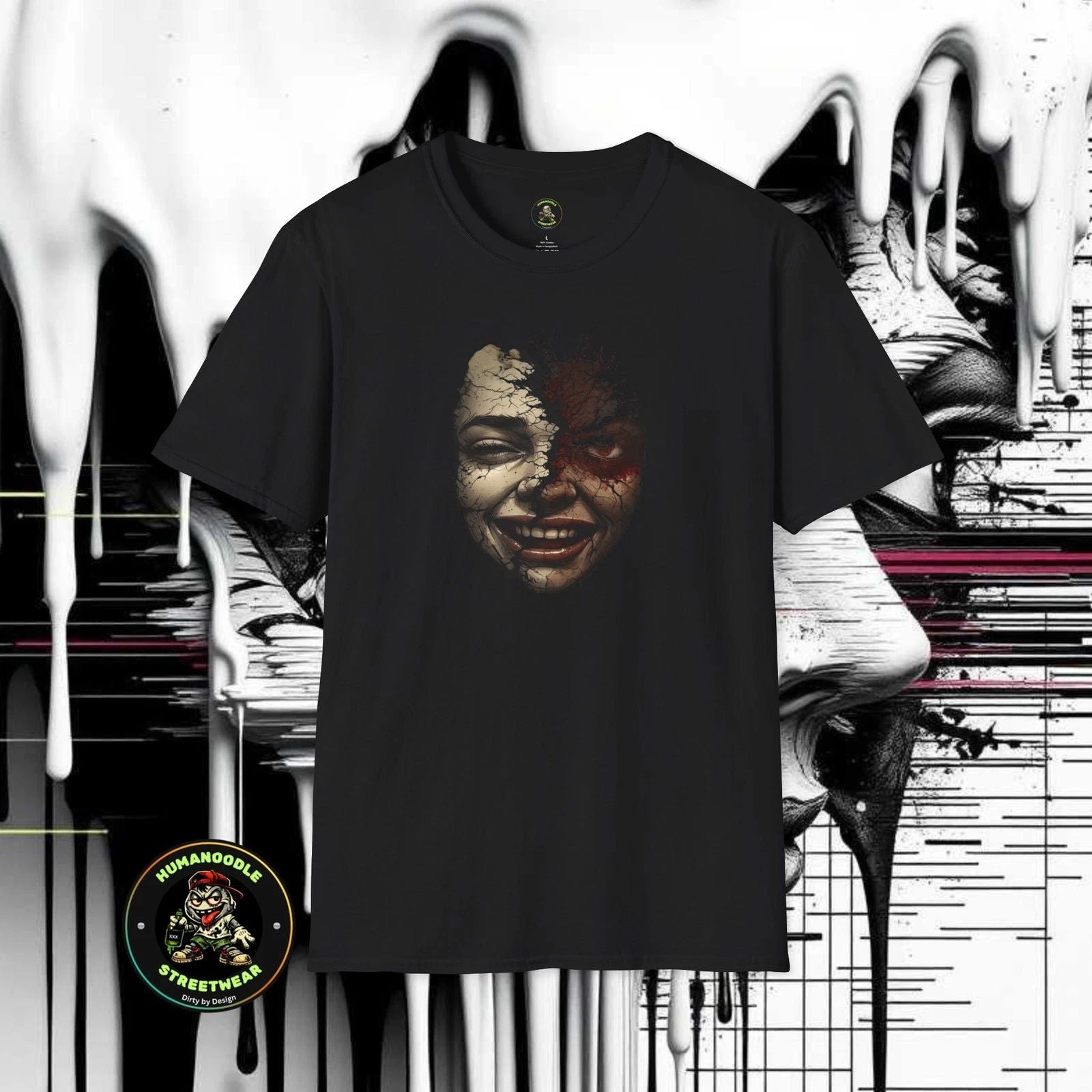 Split Face Smiling Creepy Portrait T-Shirt | Grunge Horror Art