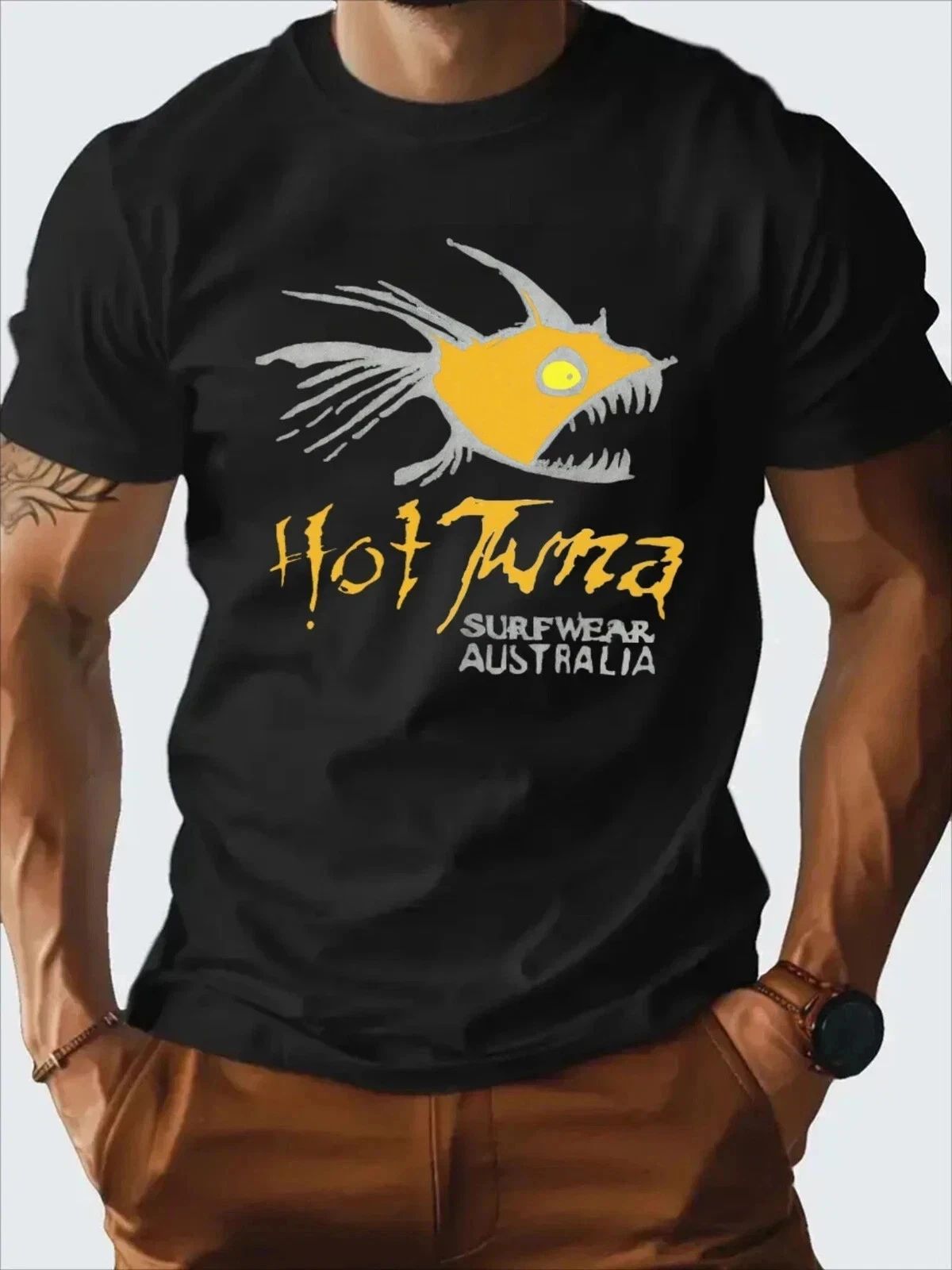 Surf Graphic T-Shirt Black Cotton Casual Summer Tee for Men