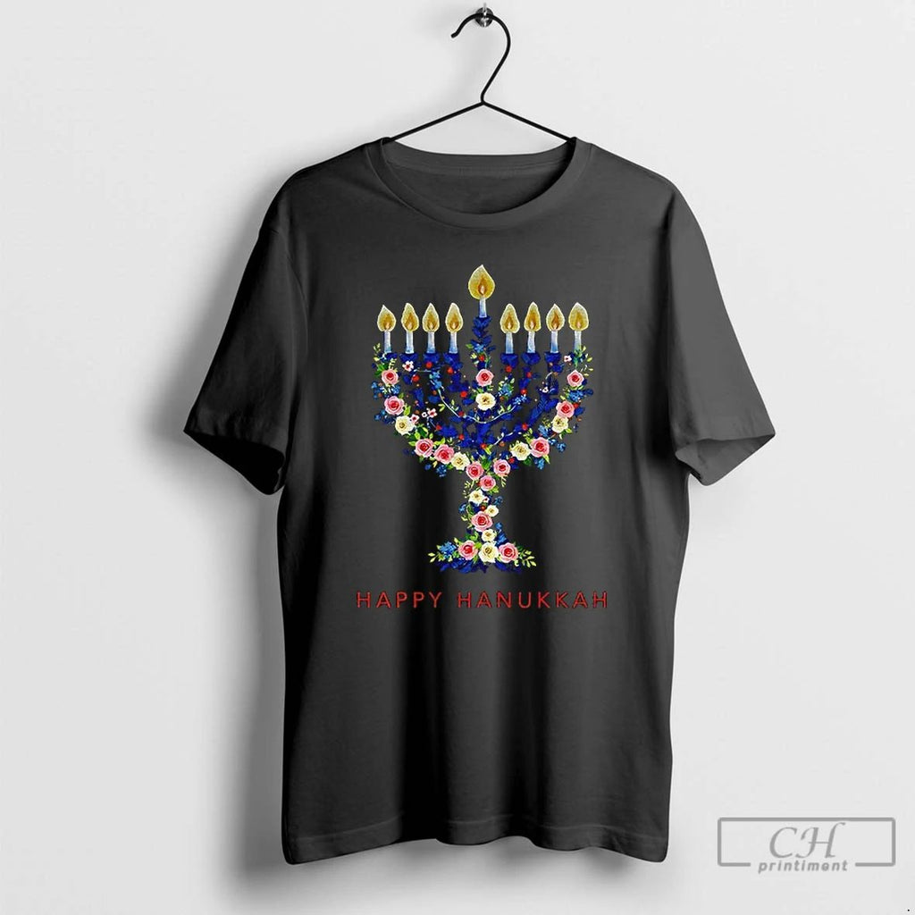 Classic Hanukkah Menorah Candle Floral Happy Chrismukkah T Shirts