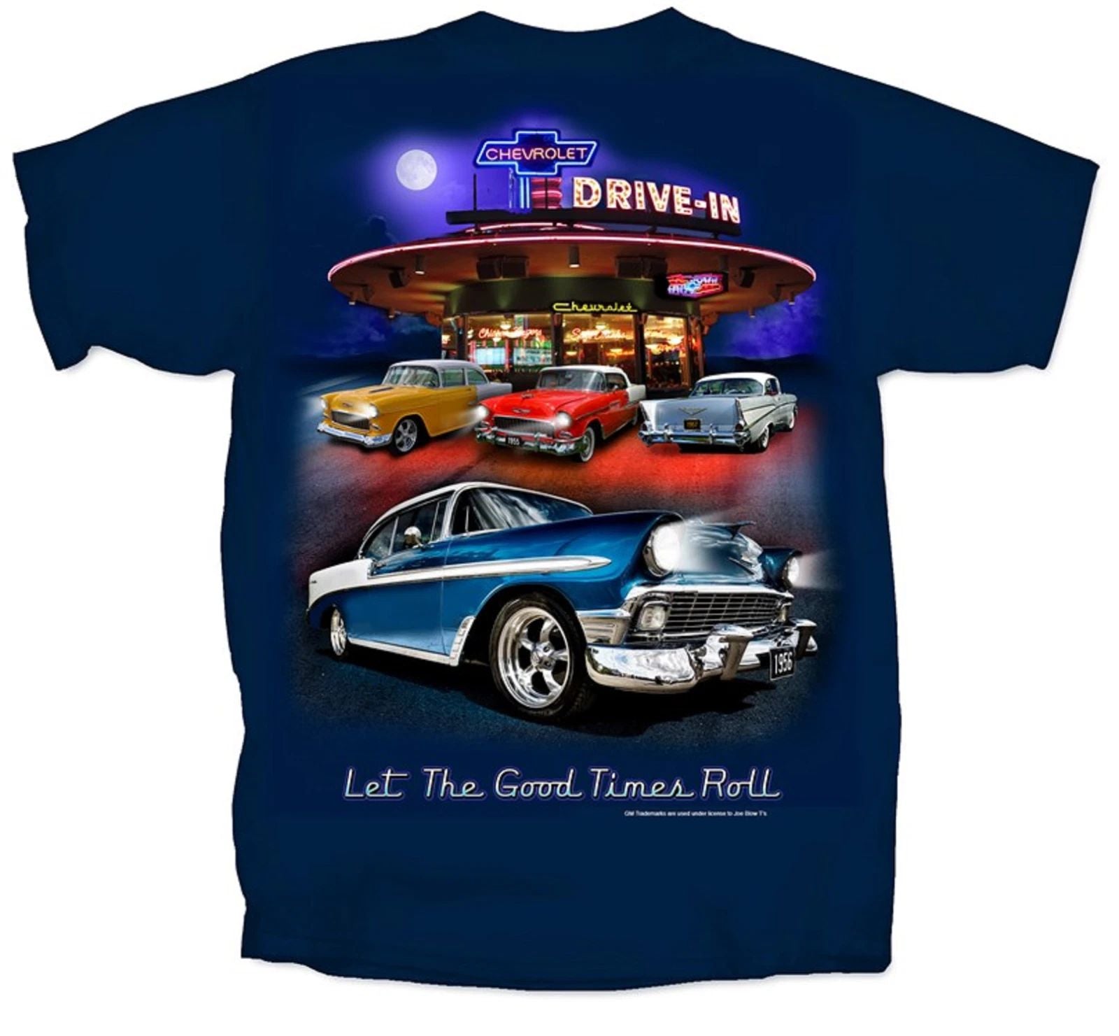 Chevy Tri-Five T-Shirt - Blue w/ 1955-1957 Bel Air 150 210 Drive In Scene