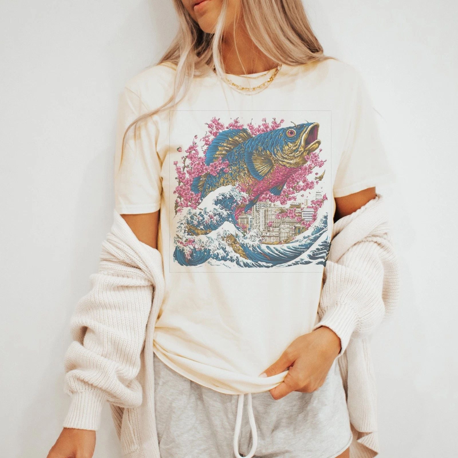 Japanese Koi Fish Graphic Tee with Cherry Blossoms and Urban Waves