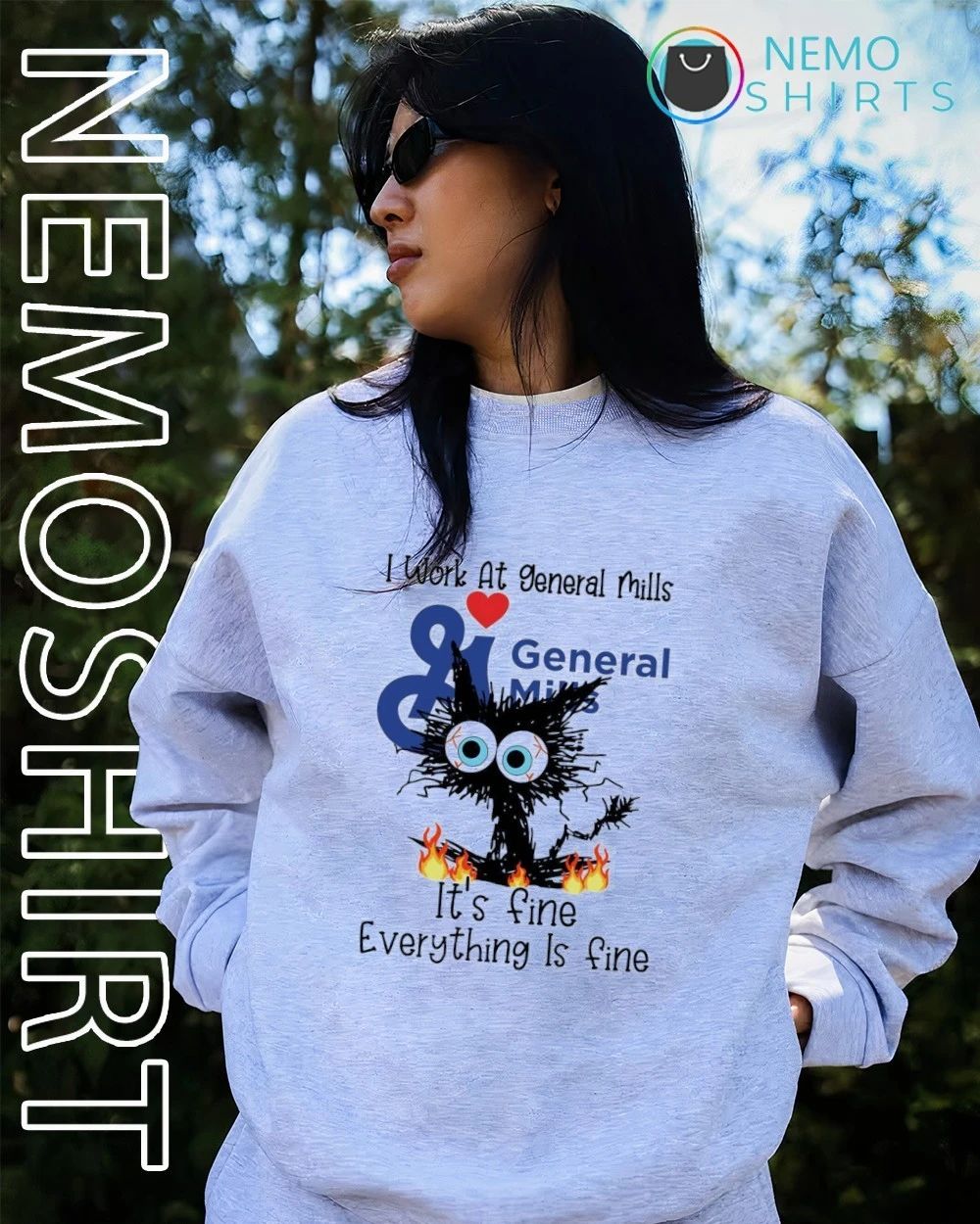 Black cat I work at General Mills it’s fine everything is fine shirt