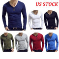 Mens Casual Slim Fit V Neck Long Sleeve T Shirt Muscle Workout Tee Top AU