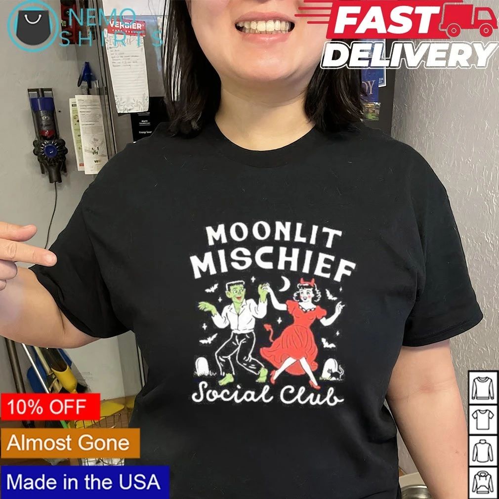 Moonlit Mischief Social Club Halloween Dancing Frankenstein and Devil Girl shirt