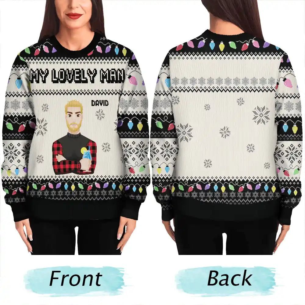 Christmas Light Custom Family Name Flat Art - Personalized Unisex Ugly Sweater