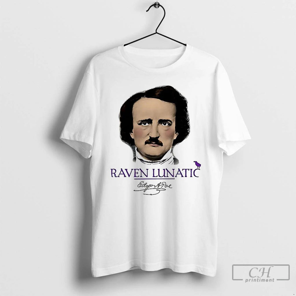 Classic Raven Lunatic Edgar Allan Poe Portrait Siganture Vintage T Shirts