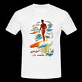 Mens Retro White Surf T-shirt Hawaiian Hawaii Waikiki Surfer Surfing Long Board
