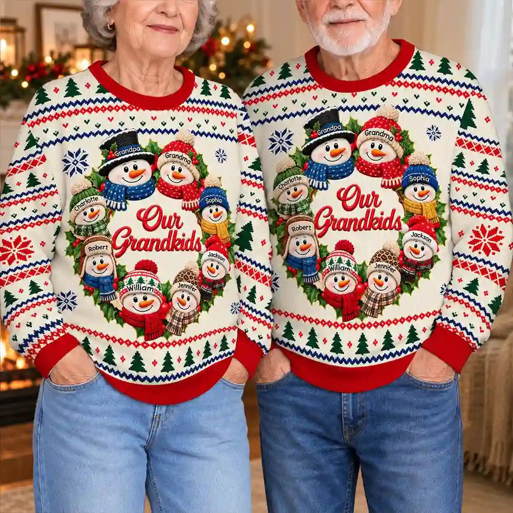 Christmas Gift For Grandparents - Personalized Snowman Wreath Unisex Ugly Sweater