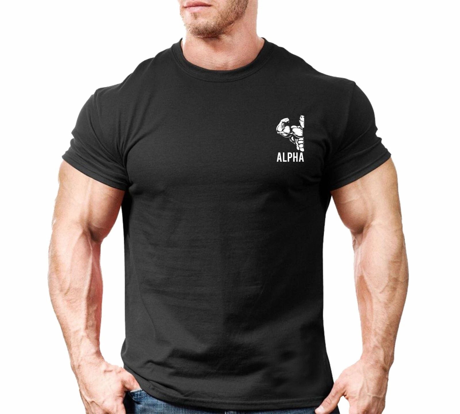 Alpha T Shirt Gym Motivation Training Workout Boxing MMA Gymwear Top White Pocke