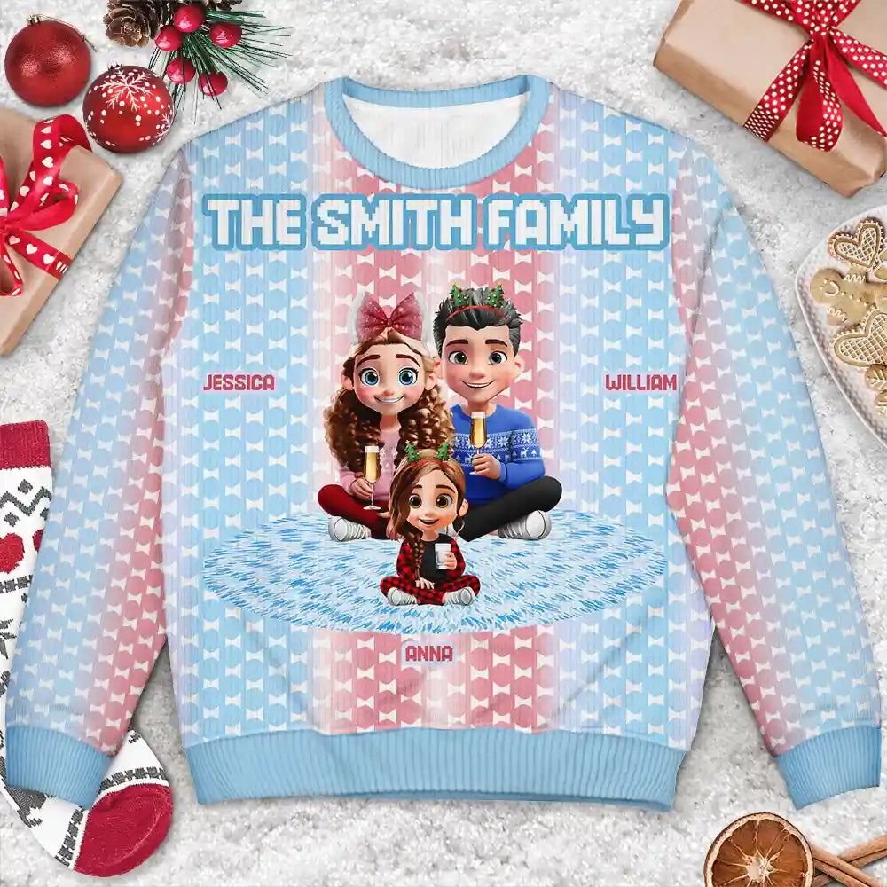 Cute Couple With Kids And Dogs Crochet Stripe Effect - Personalized Unisex Ugly Sweater