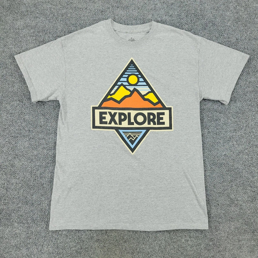 Explore Shirt Men Medium Gray Outdoors Graphic Tee Short Sleeve Pullover Adult