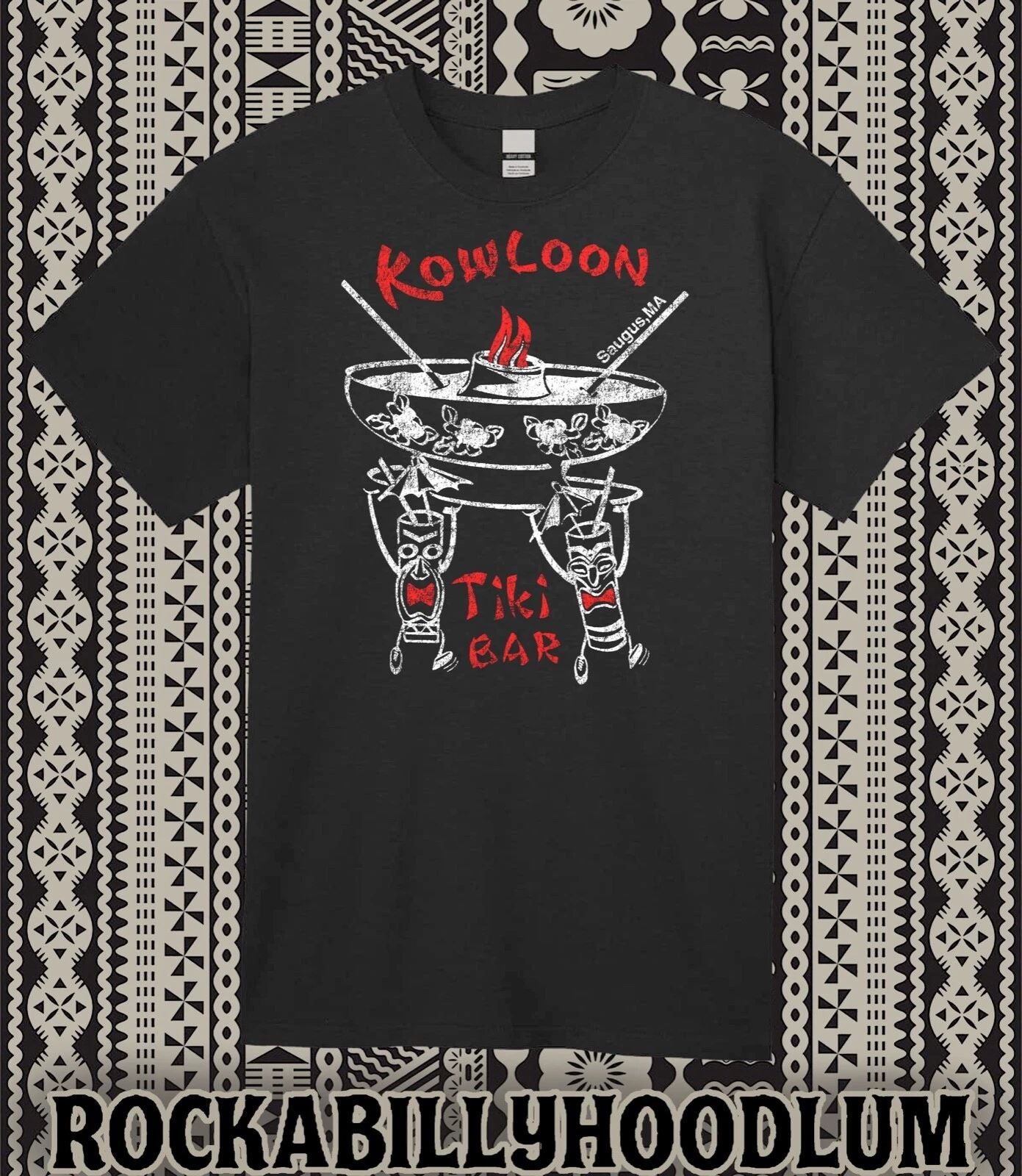 Retro Tiki Art Tee T Shirt 100% Cotton Bar Mug Restaurant Kowloon Saugus MA