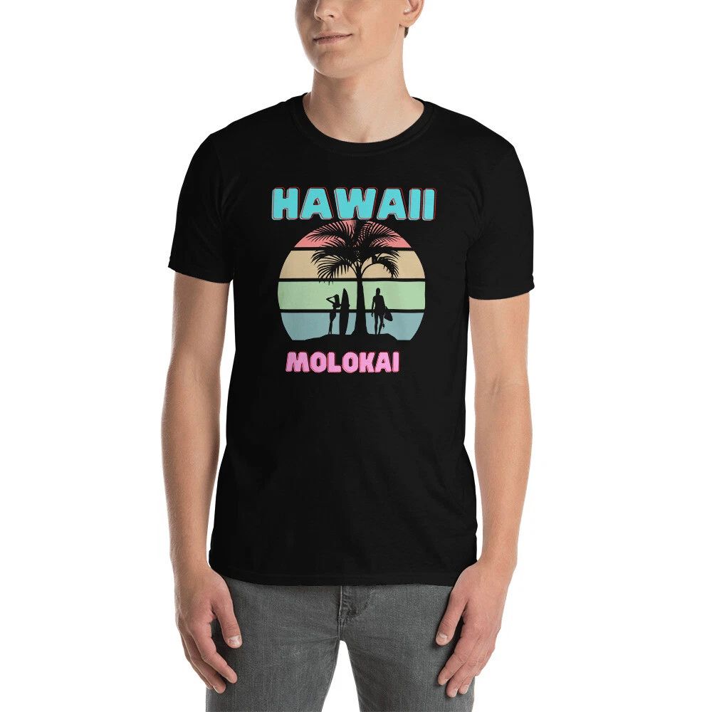 Hawaii surfer palm tree tshirt say aloha  with MOLOKAI