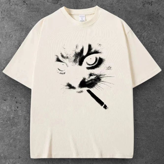 Unisex Cat Cigarette Oversized T Shirt Cream Y2K Casual Streetwear S-2XL