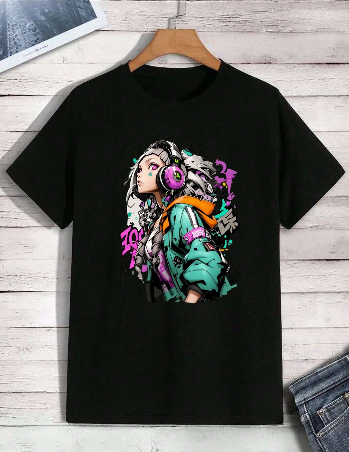 Cyberpunk Anime Girl Graphic T-Shirt Harajuku Streetwear Headphones Graffiti Tee