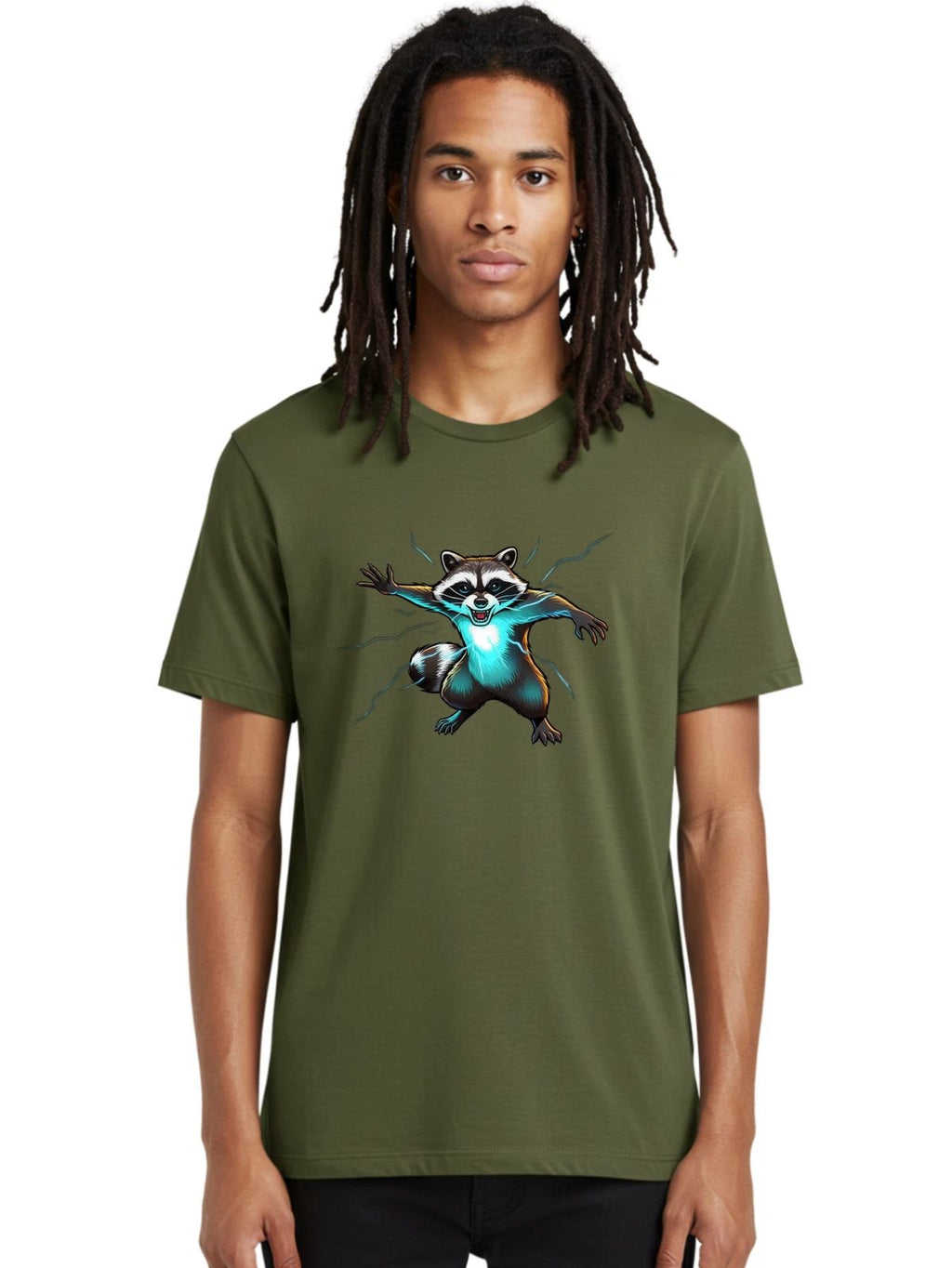 Electric-Raccoon Mens Graphic Tee, 100% Cotton, Casual Summer Wear