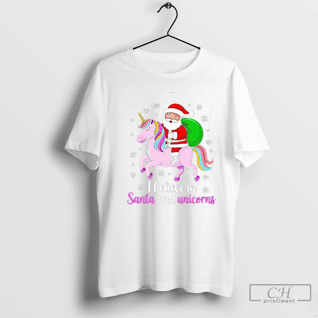 Classic I Believe In Santa And Unicorns Christmas T Shirts