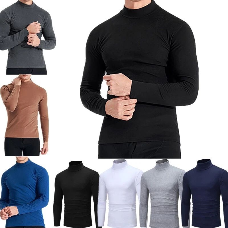 Mens Long Sleeve Mock Neck T-shirt Slim Fit Thermal Undershirt Pullover Tops