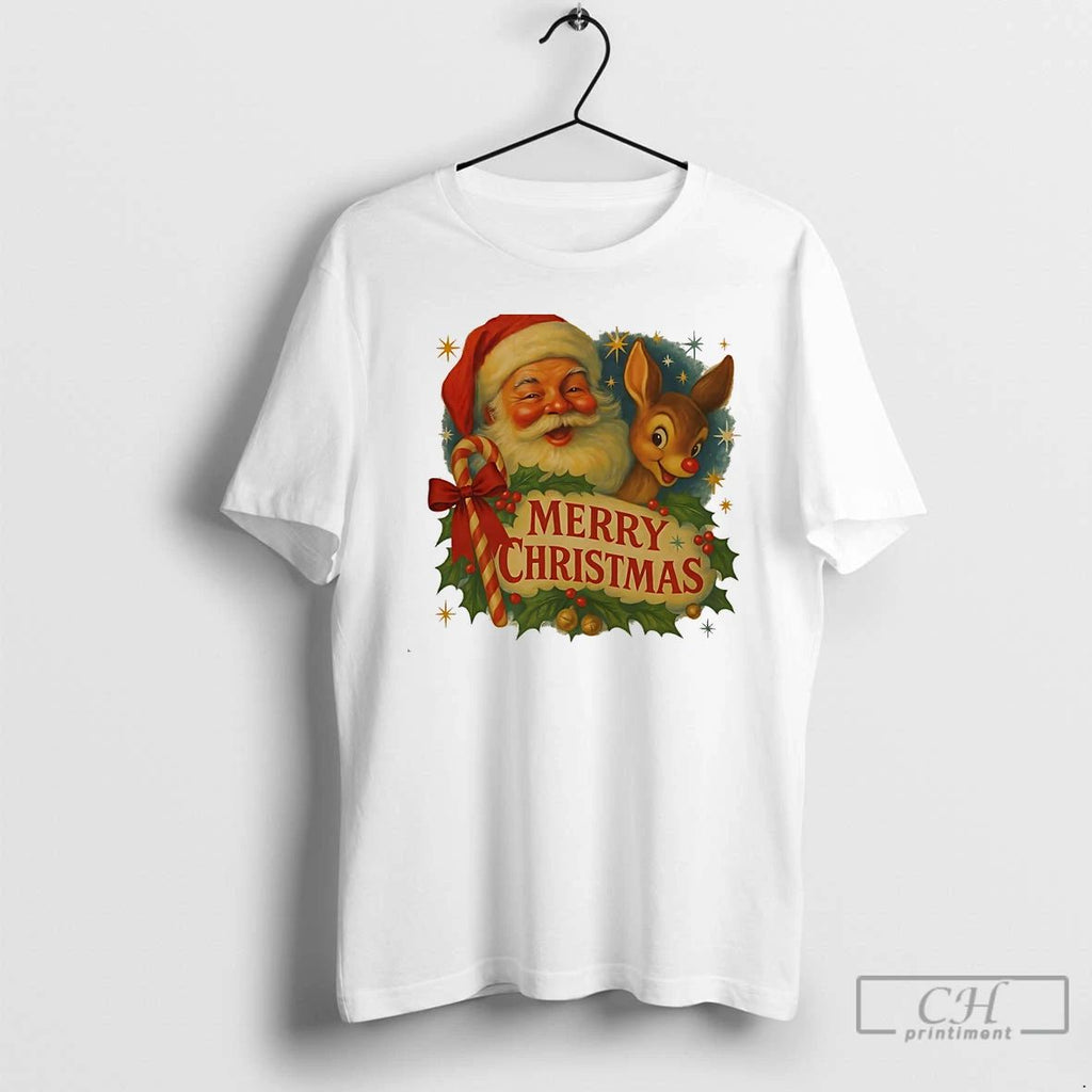 Classic Santa And Rudolph Candy Cane Merry Christmas White T Shirts