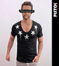 Pistol Boutique men's Fitted Black Deep V neck CHEST NECK PAINT STARS T-shirt