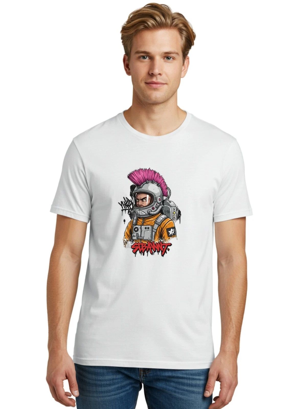 Subarwt-Punk-Astronaut Mens Graphic Tee, 100% Cotton, Casual Summer Wear