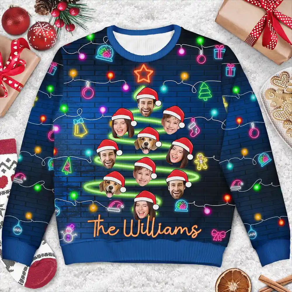 Custom Photo Funny Family Face Let's Get Lit Neon Christmas Light Style - Personalized Unisex Ugly Sweater