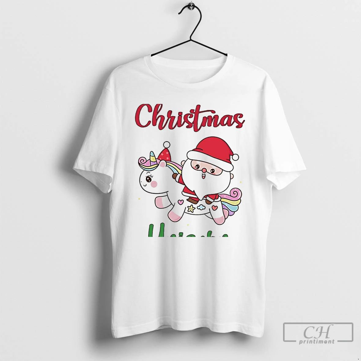 Classic Santa Riding Unicorn Cute Christmas White T Shirts