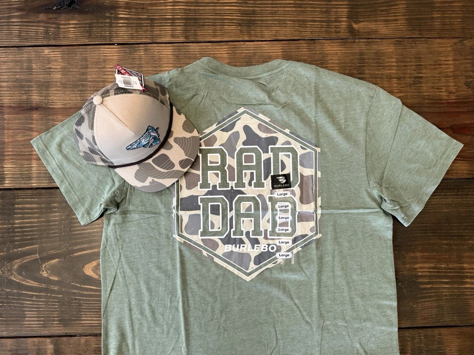 Burlebo Large “Rad Dad” Tee &  “Retro Camo Trout” Adjustable Cap New With Tags