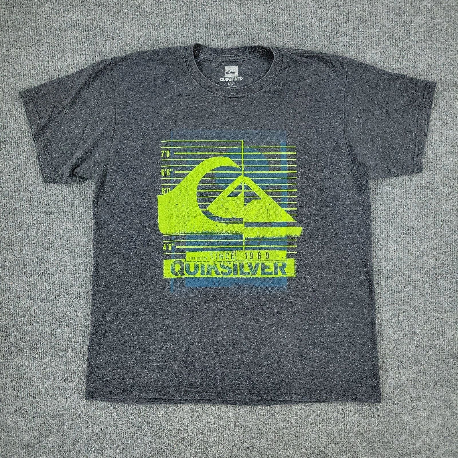 Quiksilver Shirt Men's Large Gray Logo Spell Out Graphic Crew Neck Short Sleeve