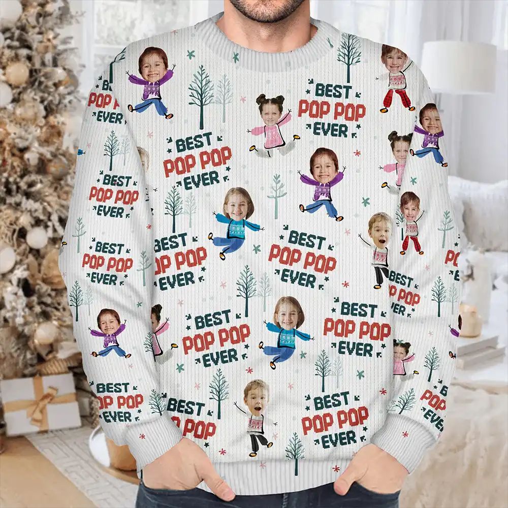 Custom Photo Best Dad Ever Funny Kids Christmas Tree - Personalized Unisex Ugly Sweater