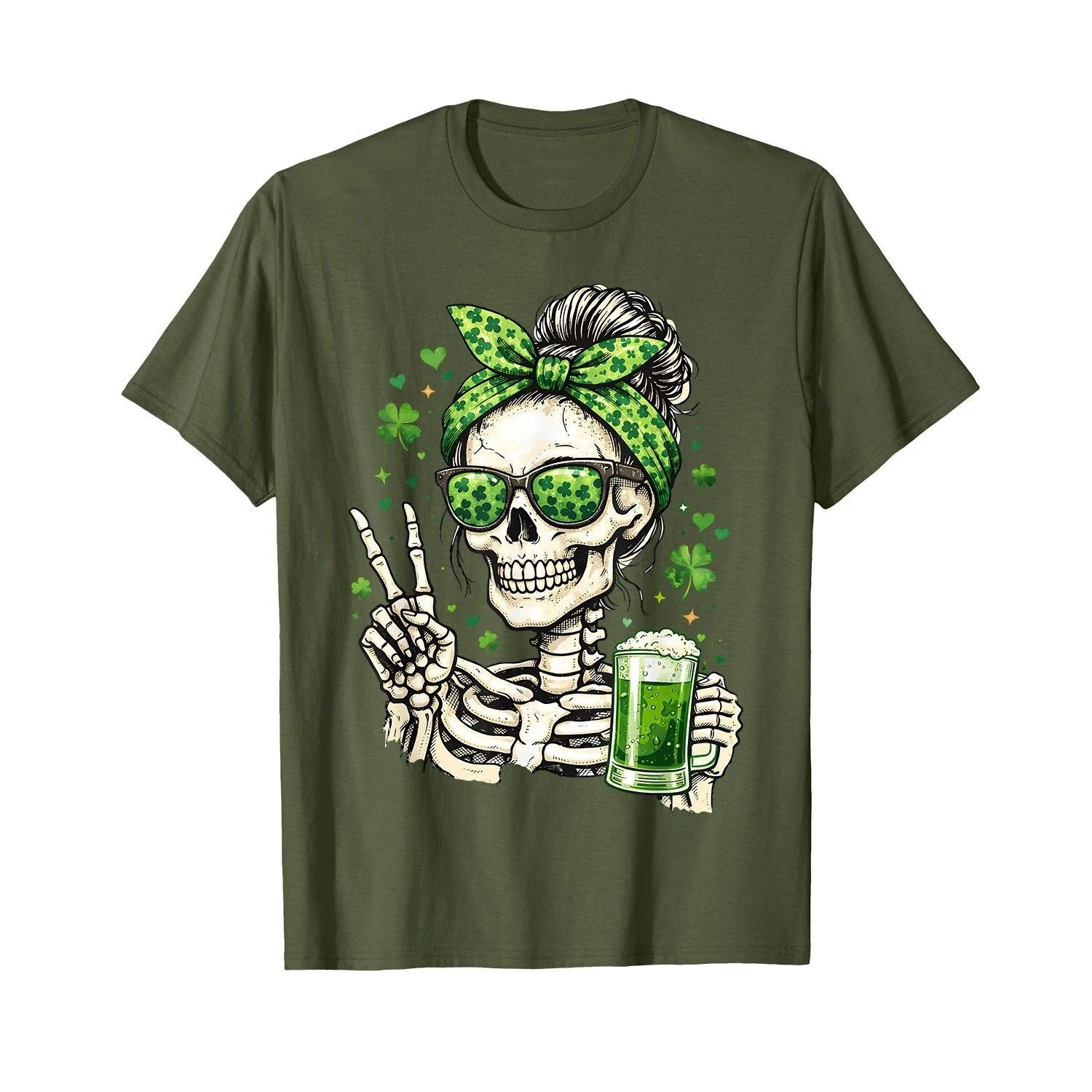 Skull Sunglass Messy Bun Irish Funny St Patrick_s Day Women T-Shirt