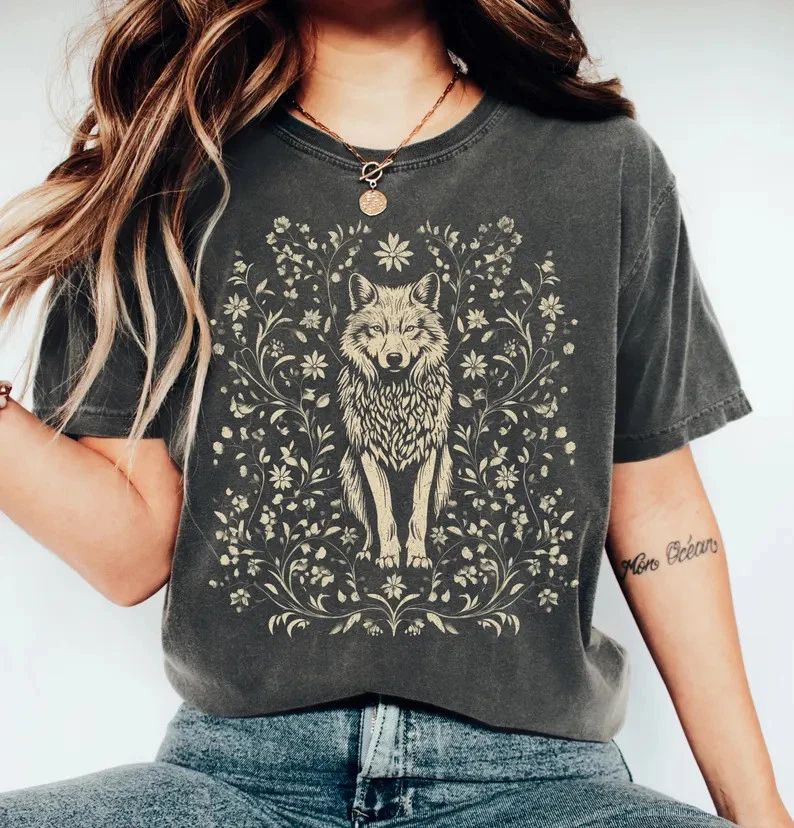Floral Wolf Comfort Tee Boho Style Shirt Nature Animal Graphic Gift