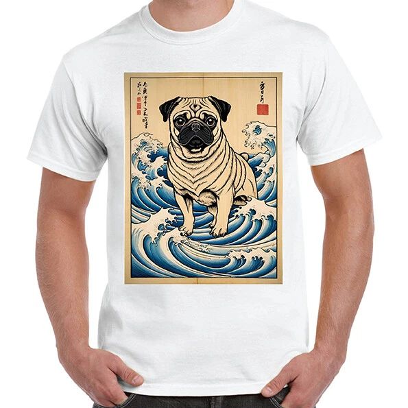 Retro Japanese Pug Dog Surf Ocean Wave – Cute Ukiyo-e Inspired T-Shirt Tee Gift