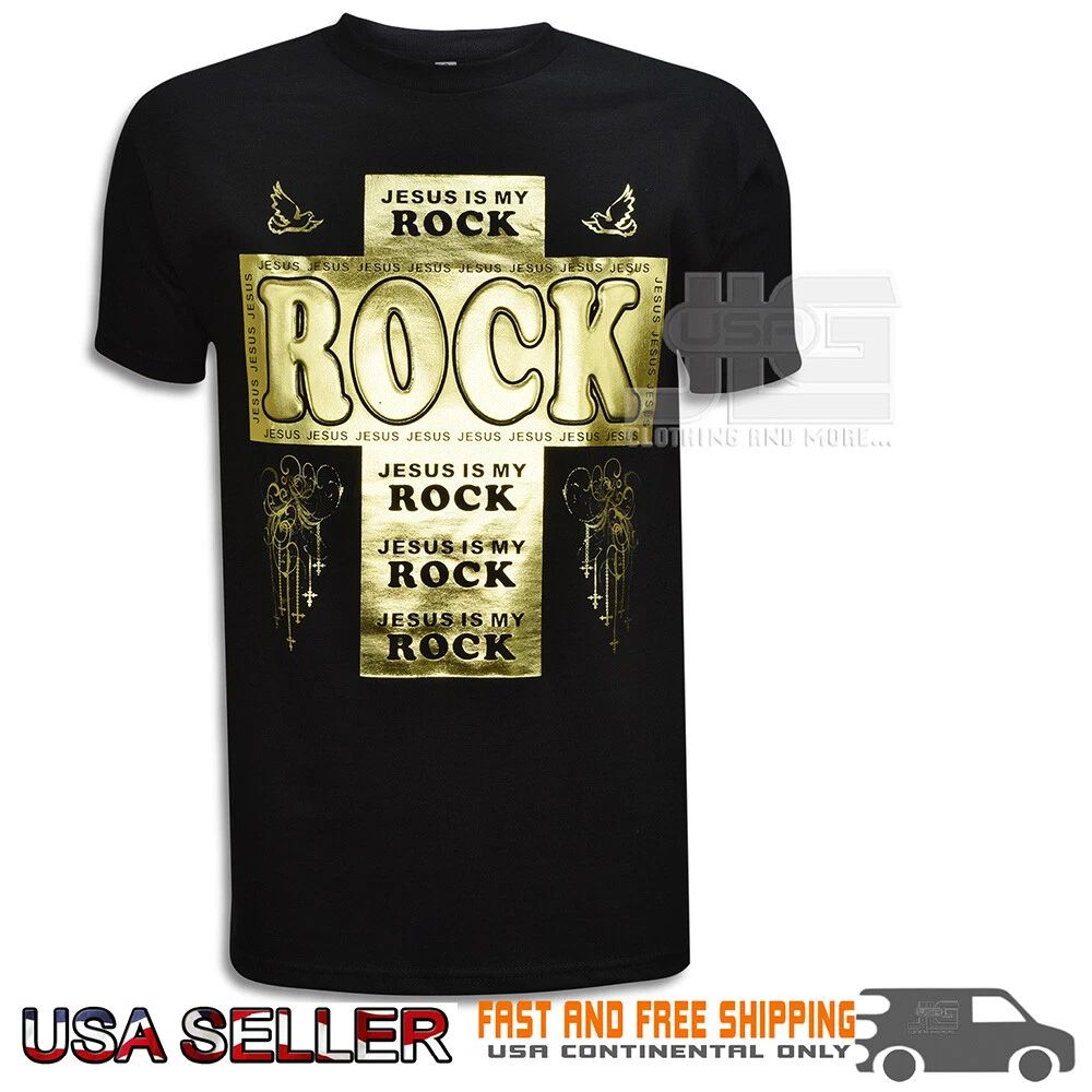 Jesus is my Rock Embossed Graphic Tee Cross Dove Pigeon Cotton T-Shirt Trendy