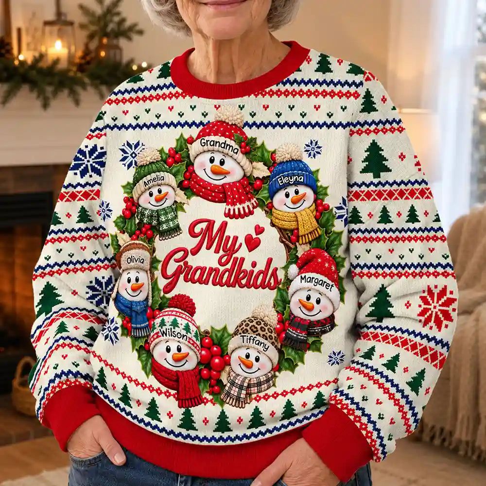 Christmas Gift For Grandparents - Personalized Snowman Wreath Unisex Ugly Sweater