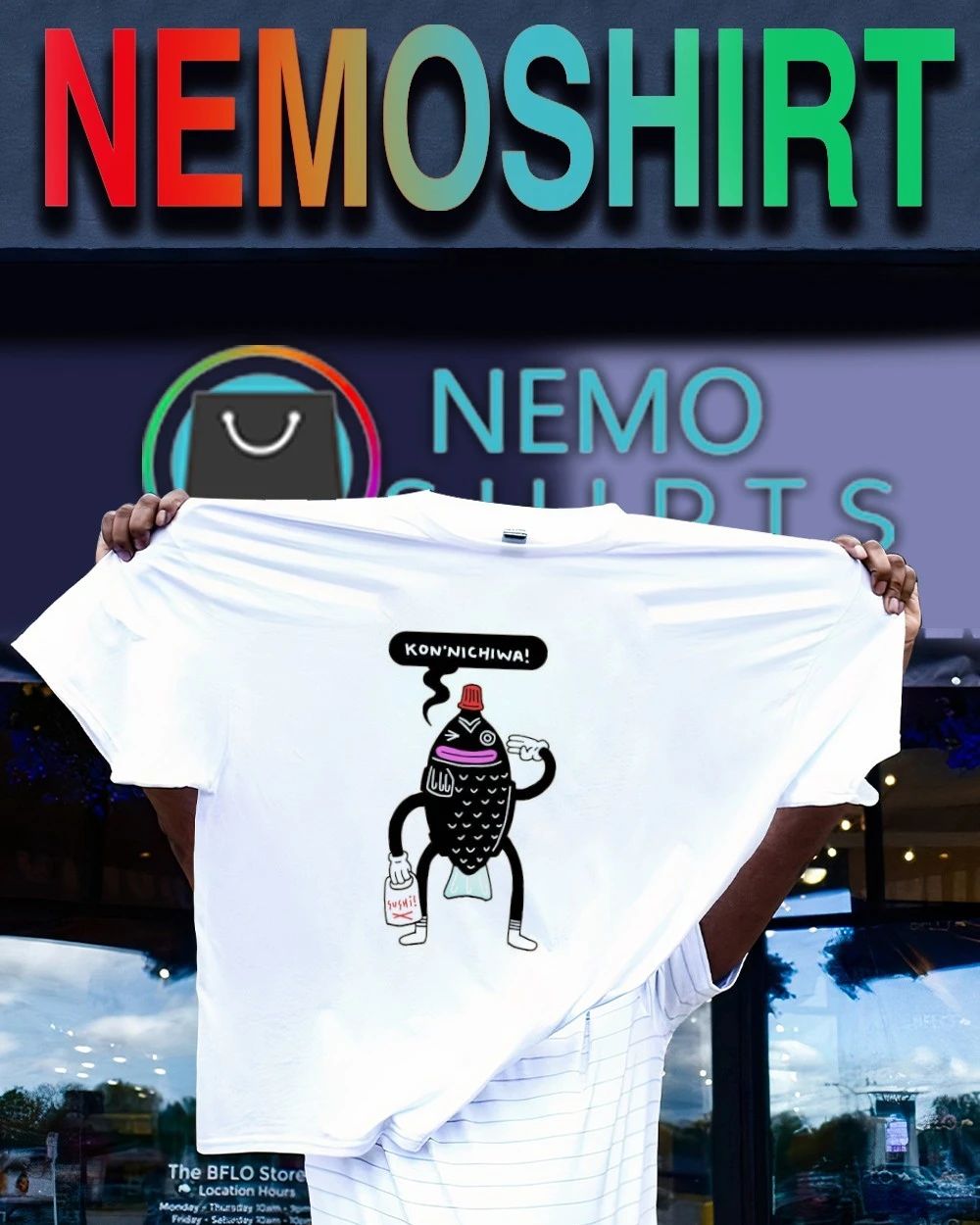 Kon’nichiwa Sushi Fish Character japanese shirt