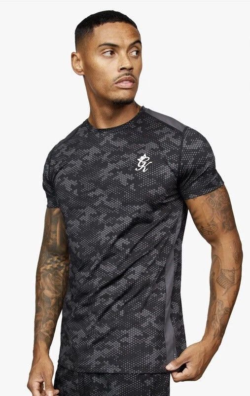 Gym King Mens Black Contrast T Shirt Camo Panel Short Sleeve