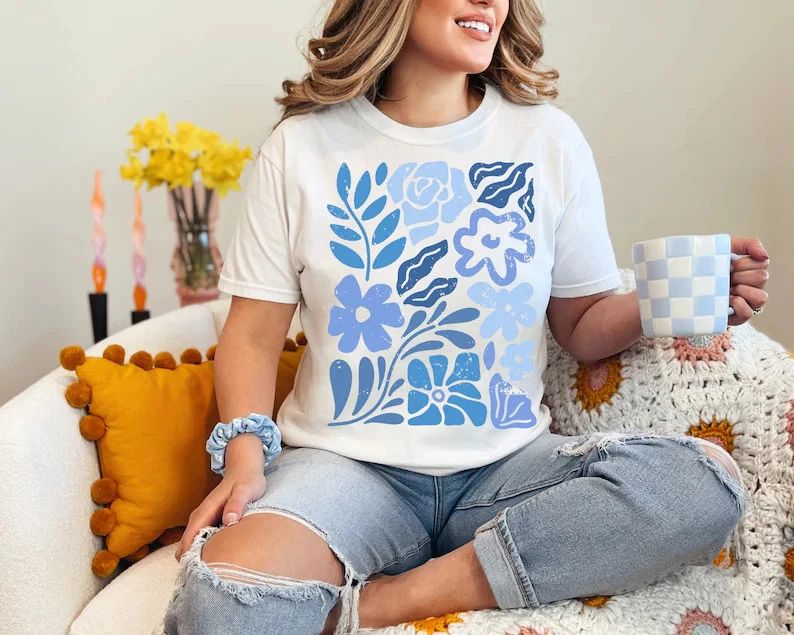 Boho Floral Flowers Blue Comfort Tee Shirt Soft Relaxed Fit