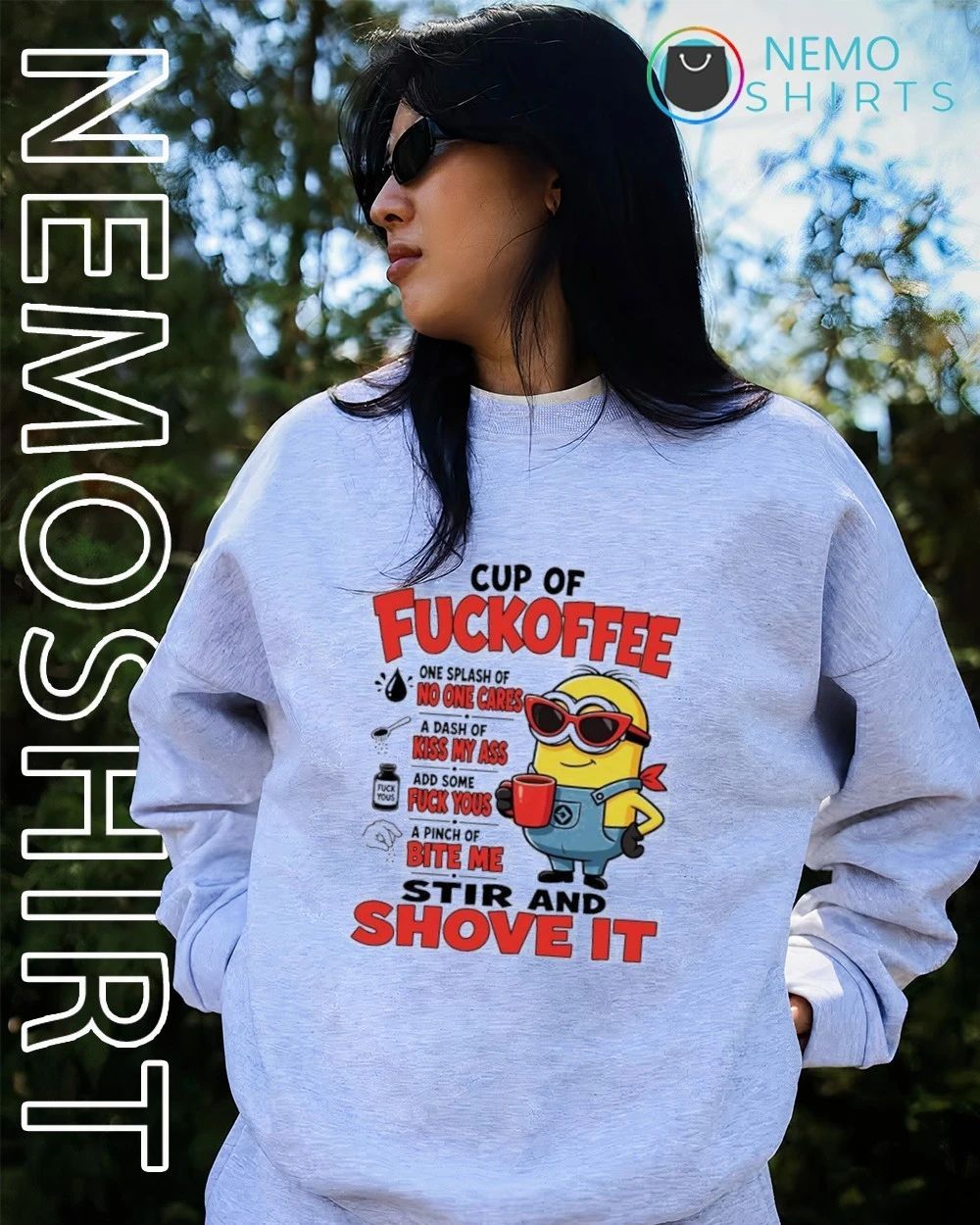 Minion Cup of Fuckoffee Stir and Shove It Slogan Funny Coffee shirt