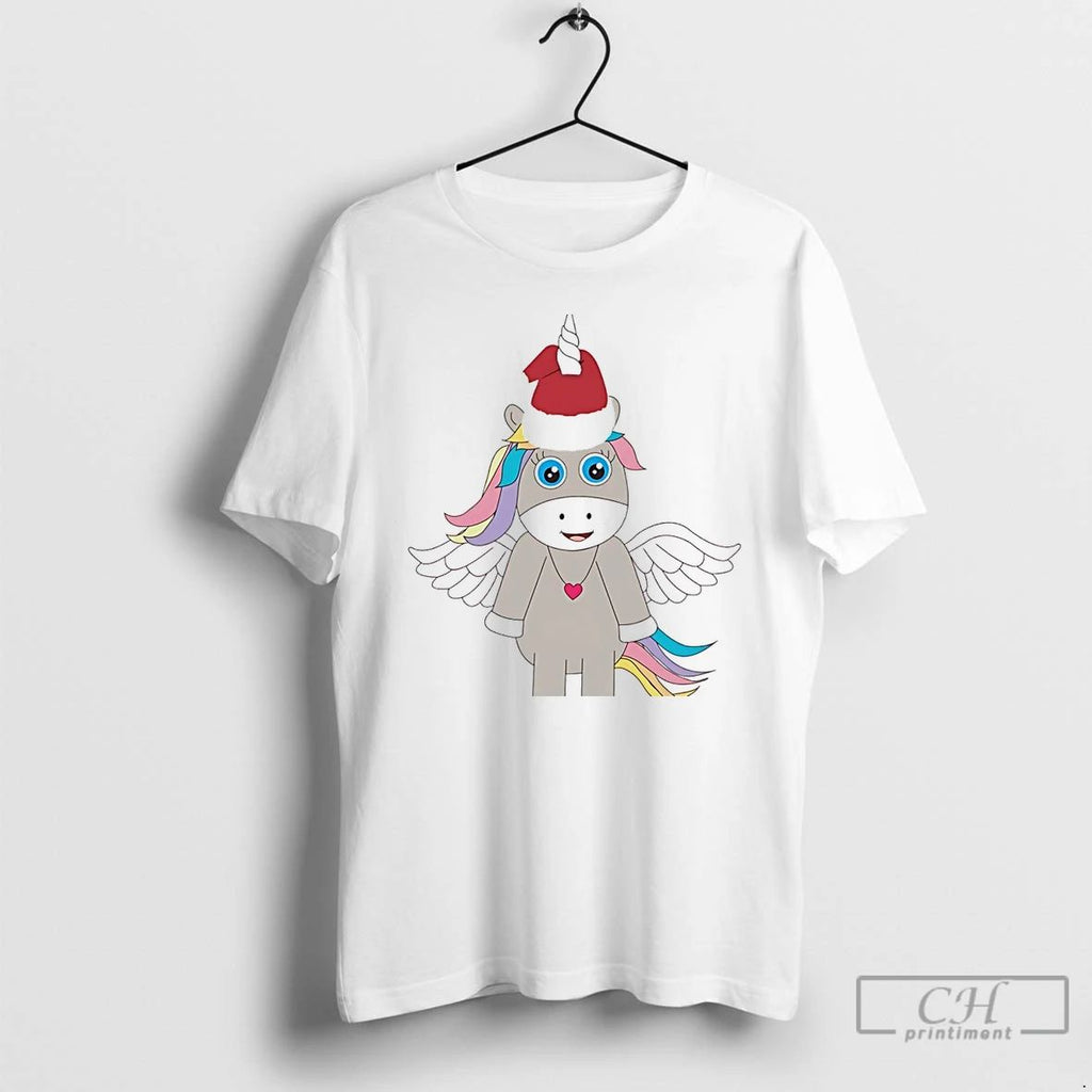 Classic Winged Unicorn Santa Hat Pink Heart Holiday Christmas White T Shirts