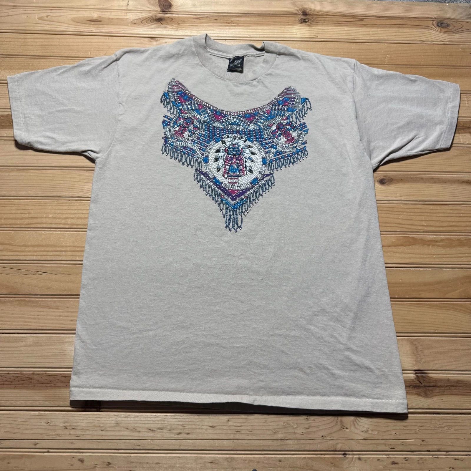Vintage 1994 Native American Kachinas Tribal Boho Glitter Graphic T-Shirt - XL