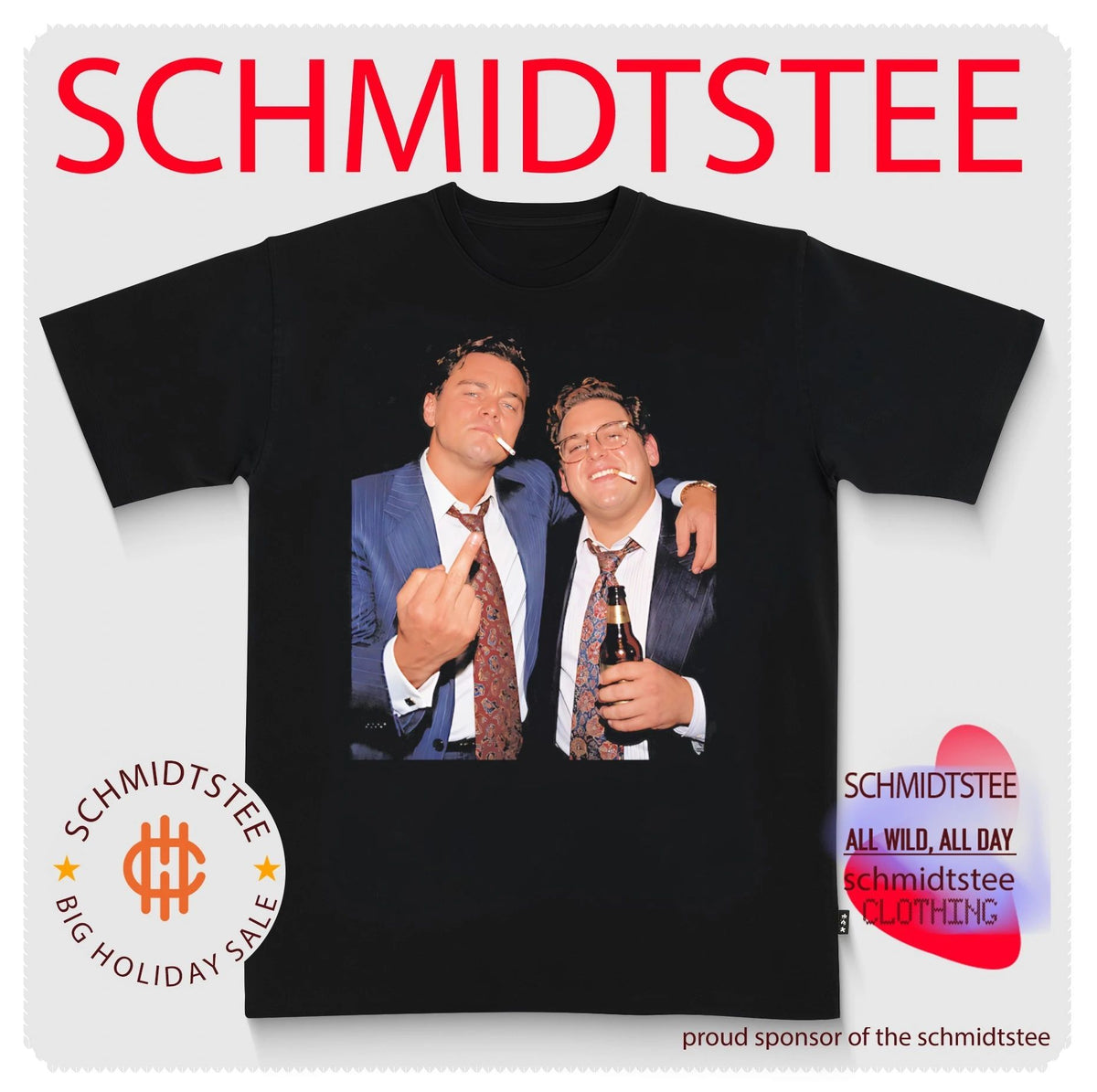 Leonardo DiCaprio and Jonah Hill smoking middle finger shirt