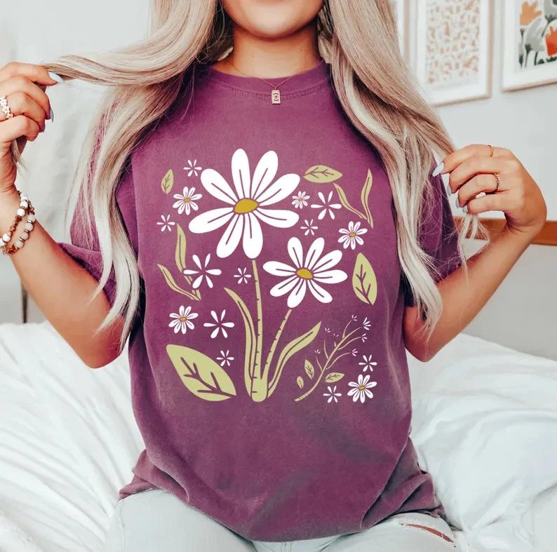 Boho Daisy Flower Comfort Tee Soft Cotton Relaxed Fit Shirt