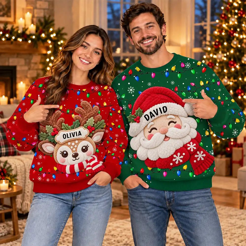 Christmas Gift For Family Couples - Personalized Character Faux Chenille Effect Santa Snowman Reindeer Unisex Ugly Sweater