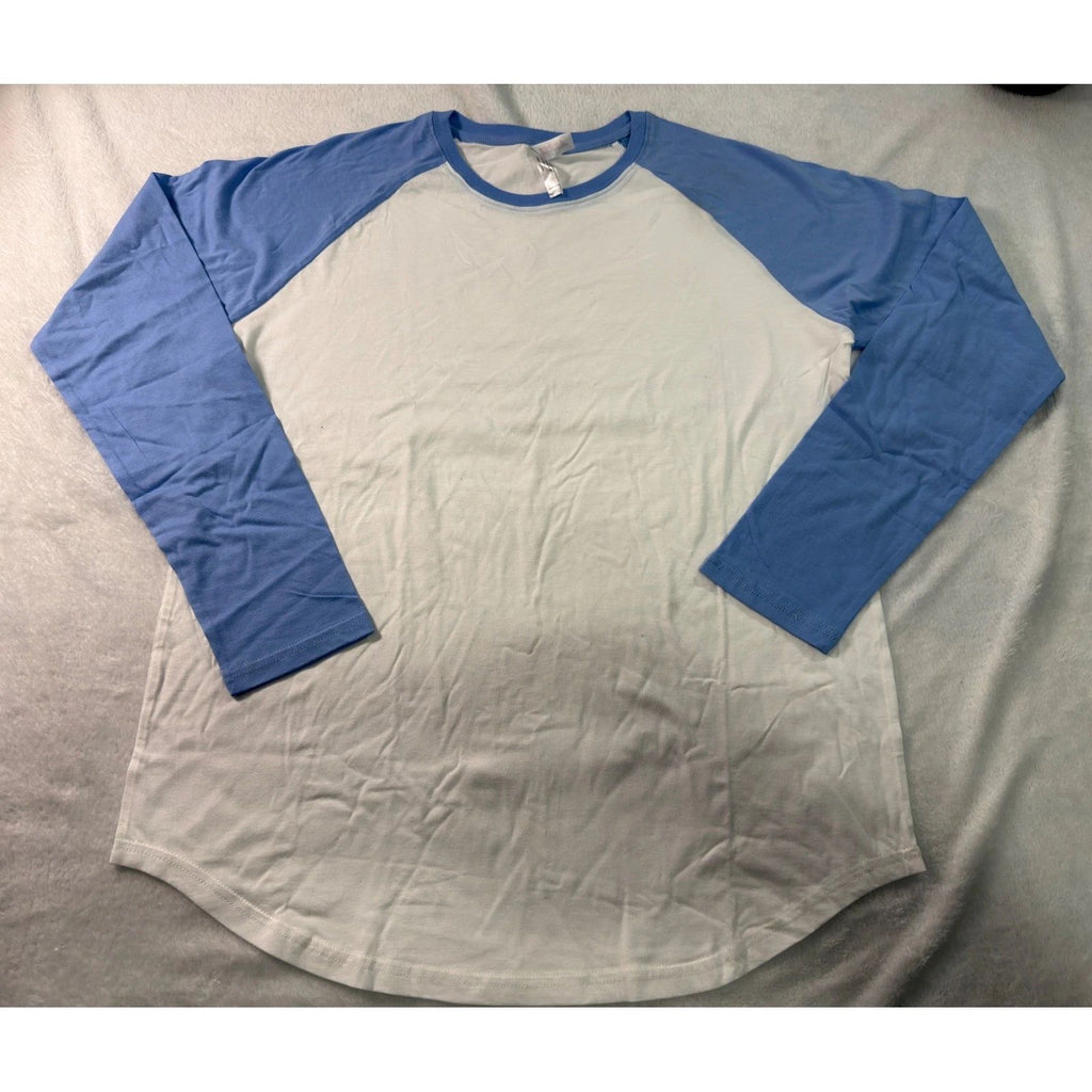 Mens Sky Blue White Raglan Baseball Tee Long Sleeve Cotton Curved Hem Shirt L